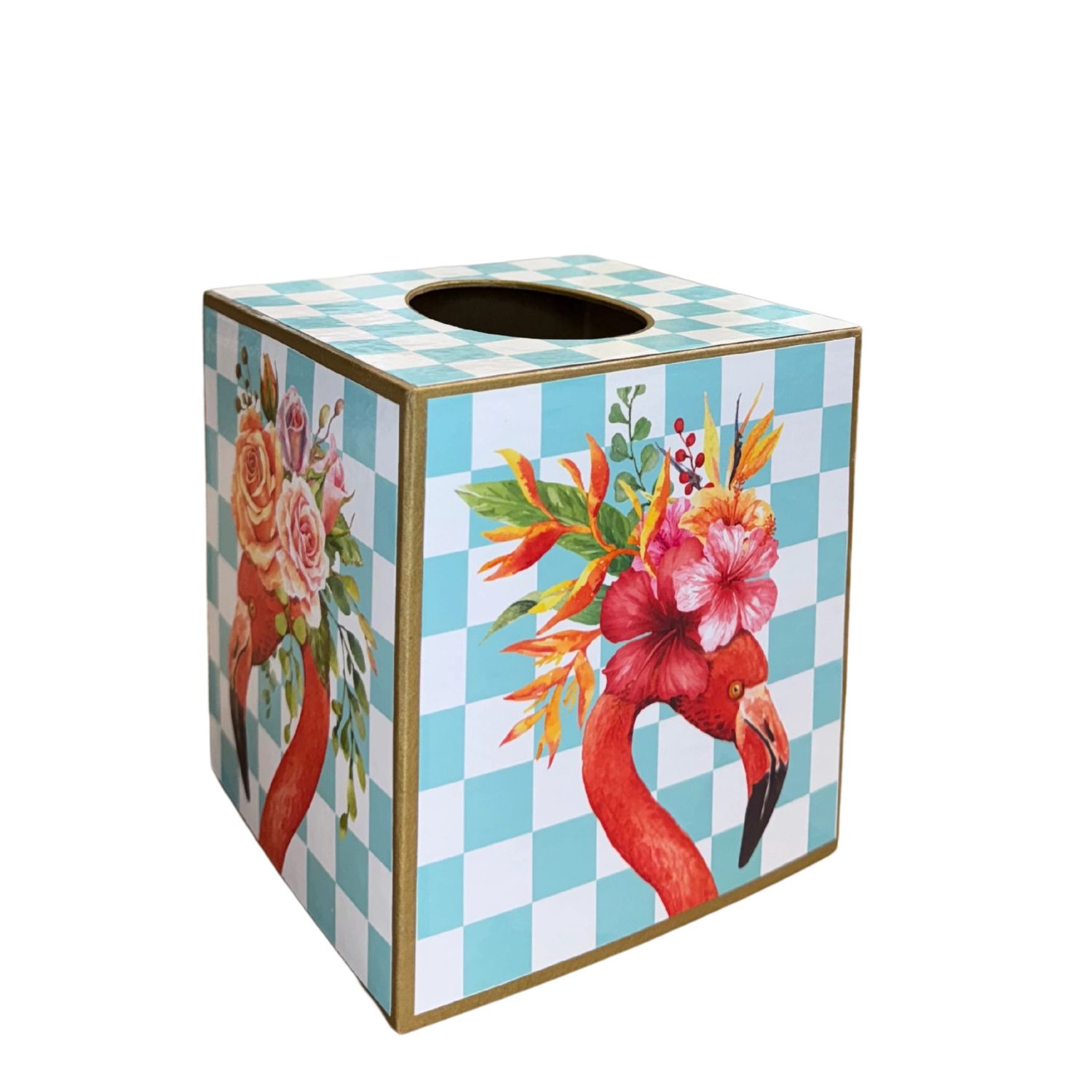 PAPER MACHE KLEENEX BOX - FLAMINGO W/ BLUE CHECKS