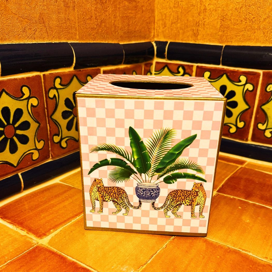 PAPER MACHE KLEENEX BOX - LEOPARDS W VASE OF PALM