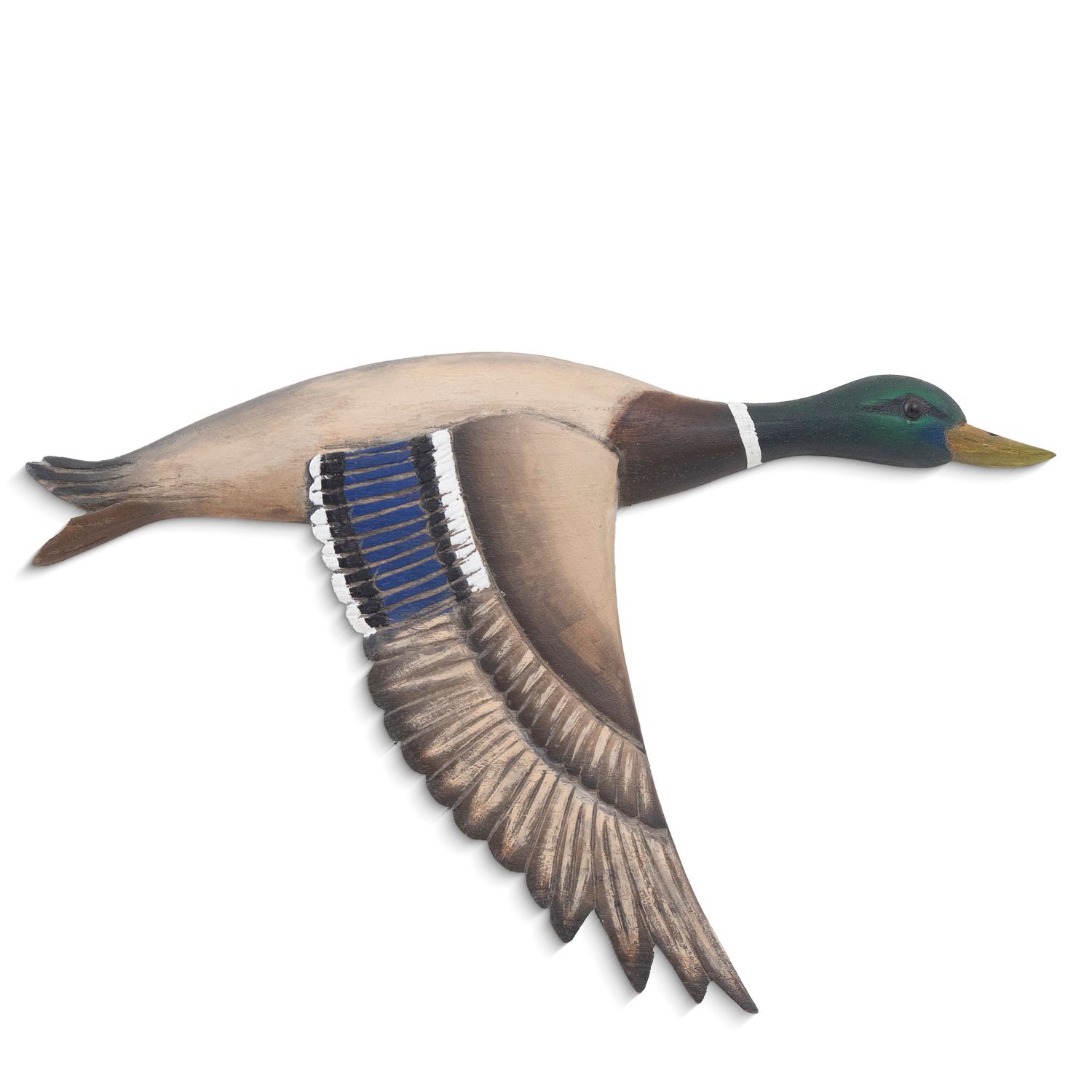 Hand-carved wooden sculpture of a flying mallard duck with wings angled downward, hand-painted with realistic green, white