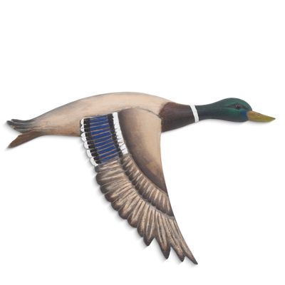 Hand-carved wooden sculpture of a flying mallard duck with wings angled downward, hand-painted with realistic green, white