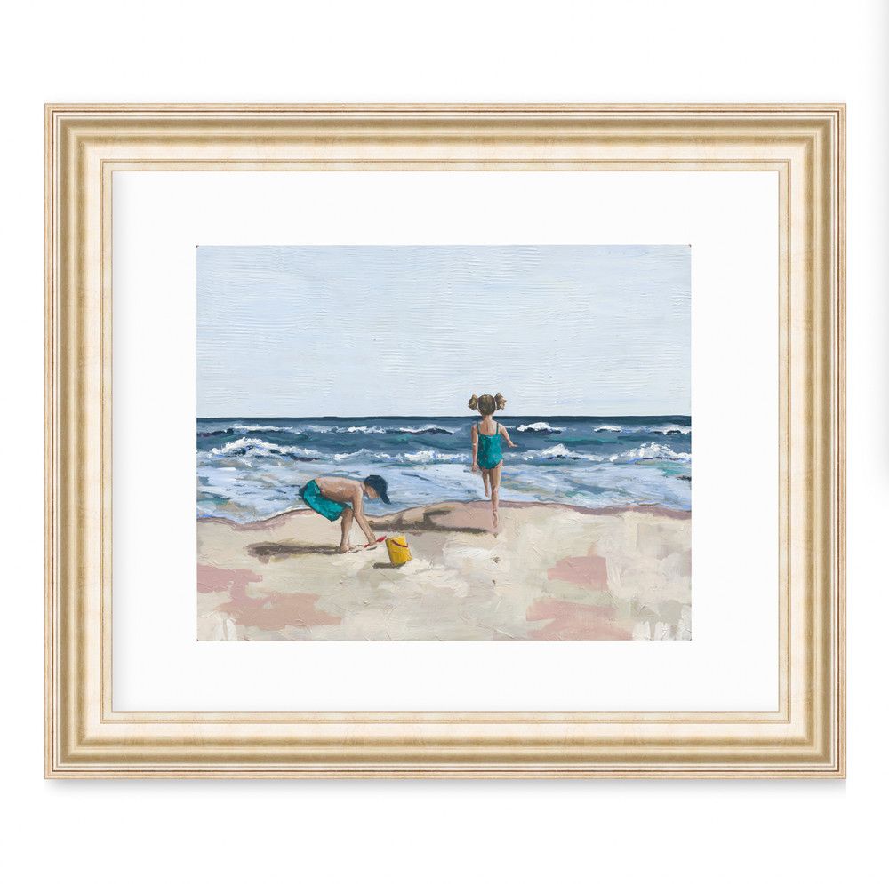 An unframed paper art print depicting a sunny beach scene with people relaxing by the water