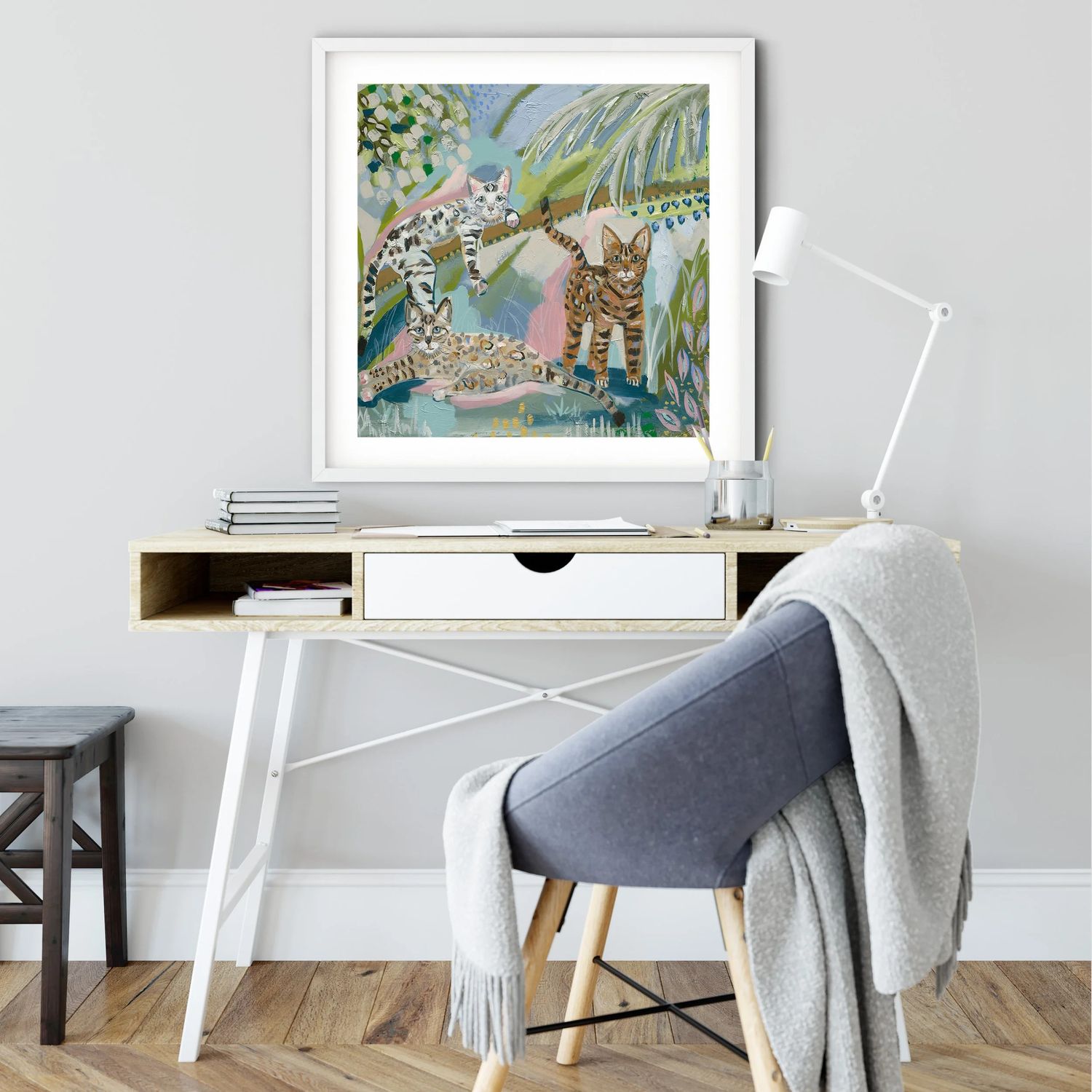 An unframed paper art print depicting a vibrant illustration of colorful wild animals and nature elements