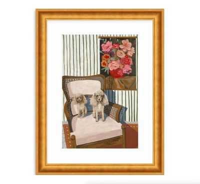 An unframed paper art print depicting a cozy vintage store interior filled with colorful antiques, framed pictures, and decor