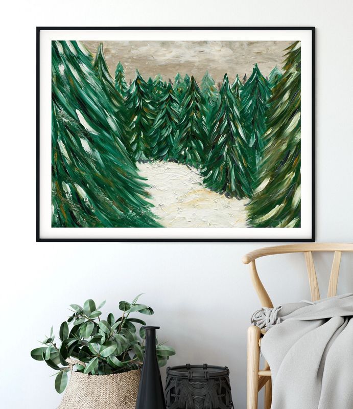 An unframed paper art print featuring a serene evergreen pine forest illustration framed inside a white mat mock-up display.