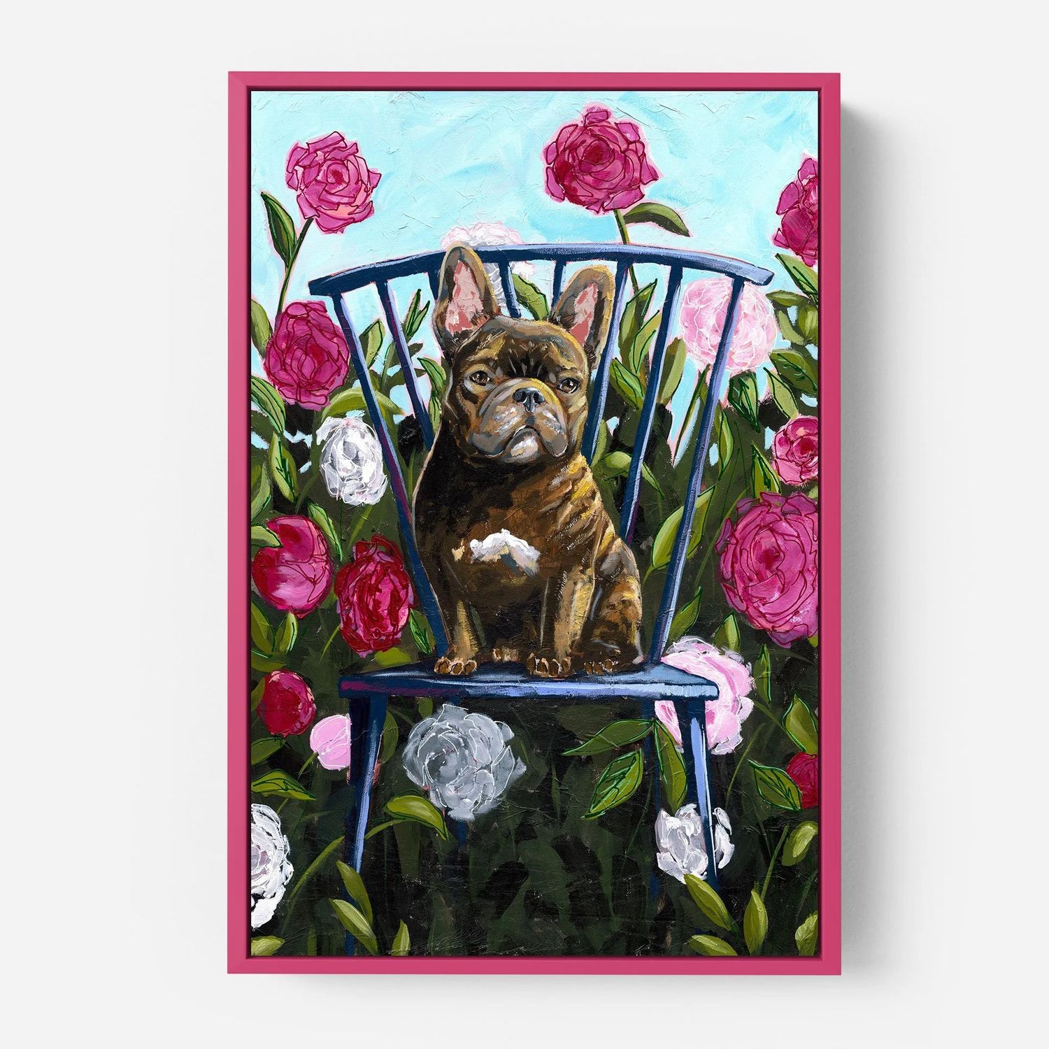 An unframed 8x10 paper art print depicting a cozy brown dog sitting comfortably in an armchair surrounded by lush flowers
