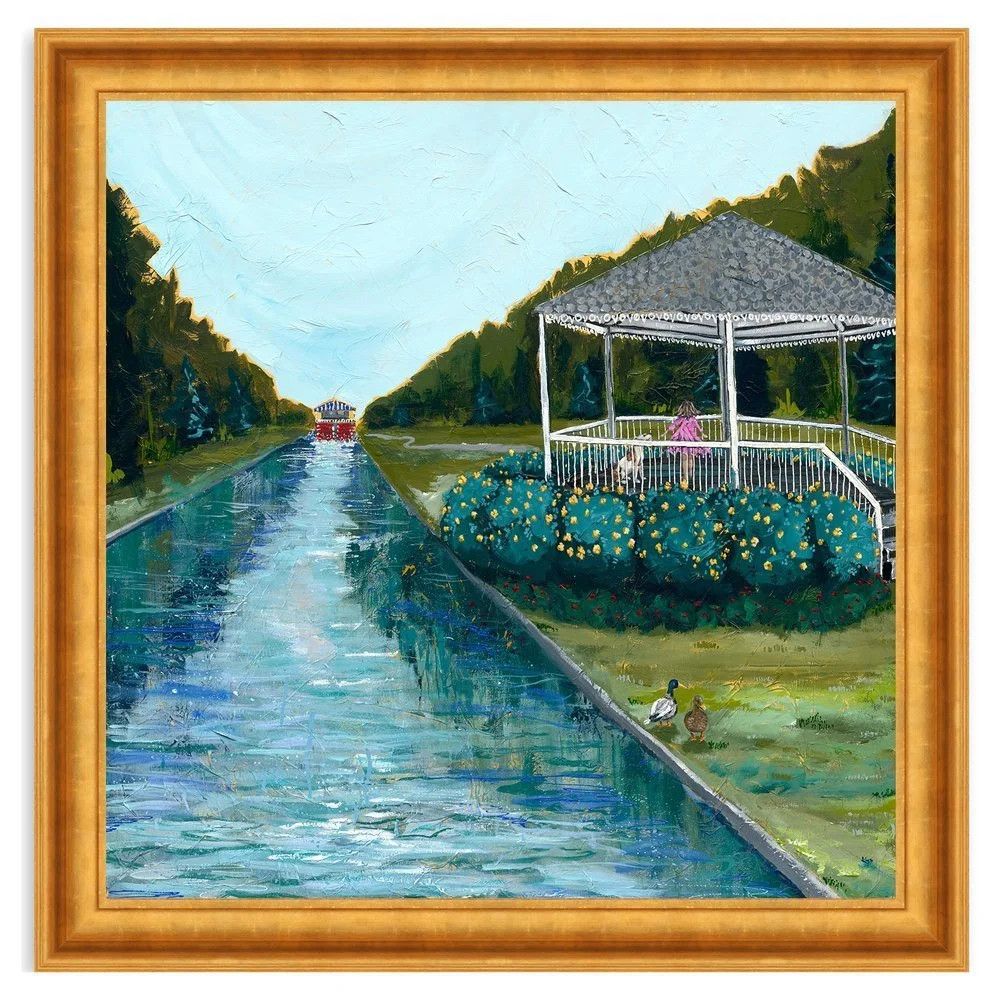 An unframed paper art print depicting a peaceful lake scene with a wooden pavilion on stilts over tranquil blue water