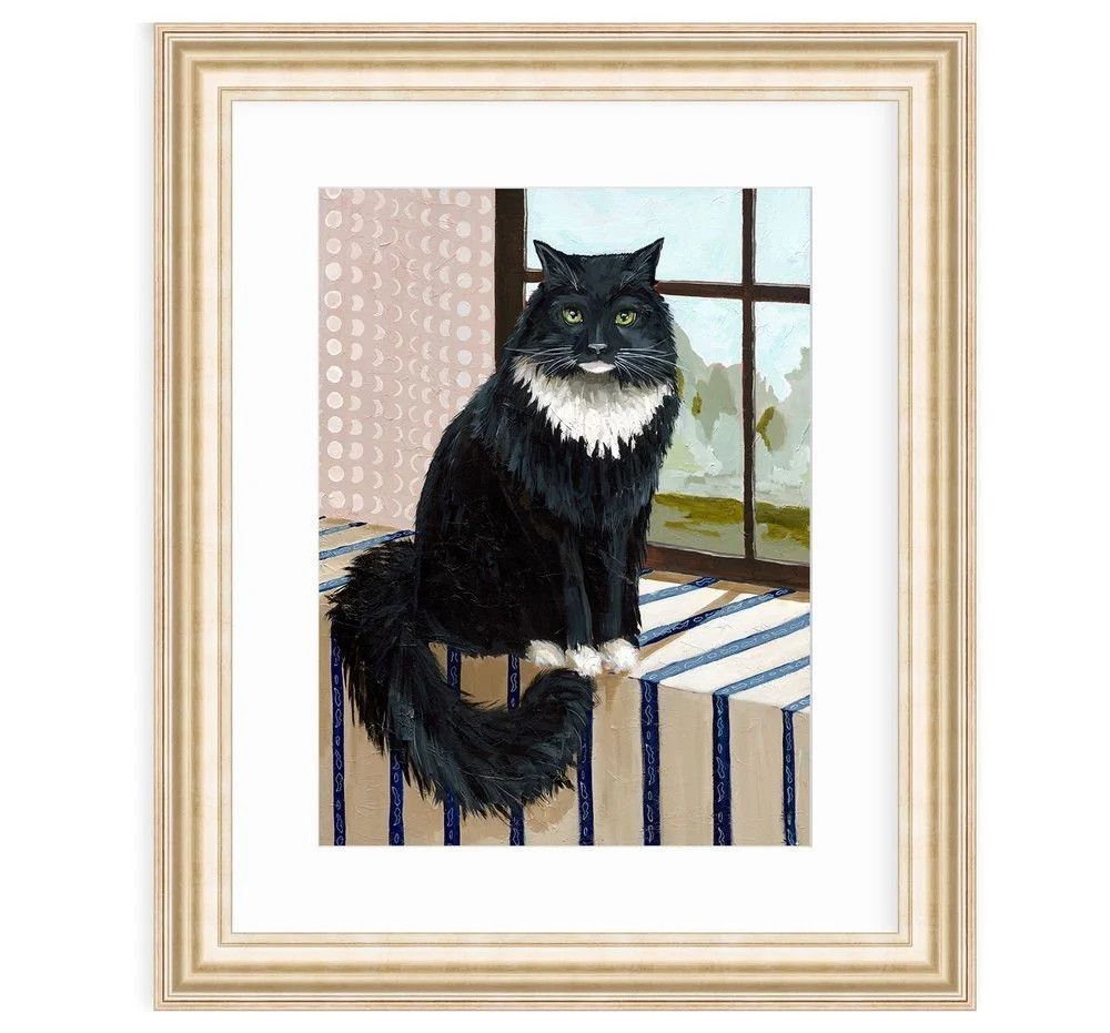 An unframed 8x10 paper art print depicting a sleek black cat with striking yellow eyes sitting elegantly