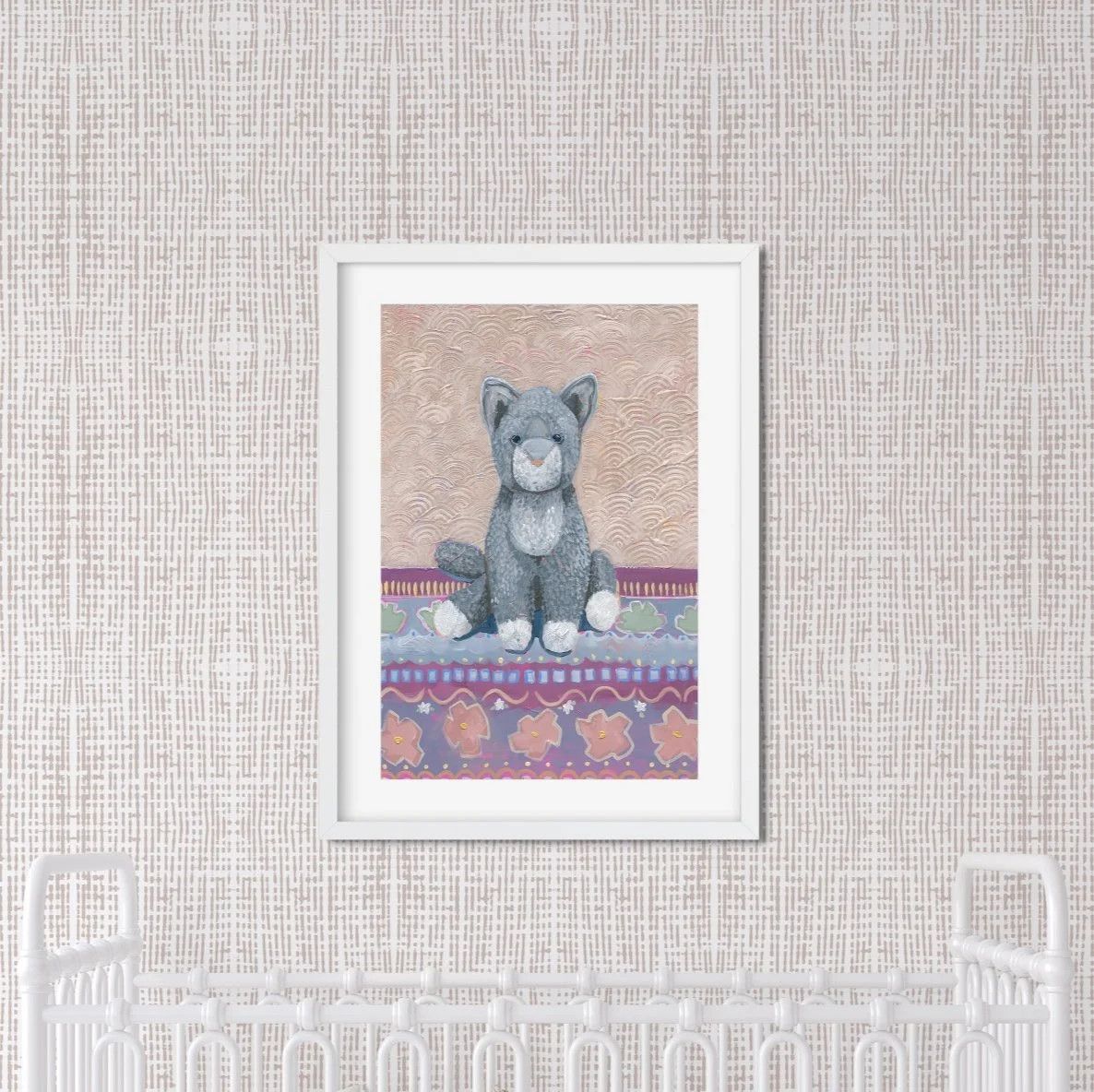 An unframed paper art print featuring a charming illustration of a soft kitten holding a cozy lovey blanket