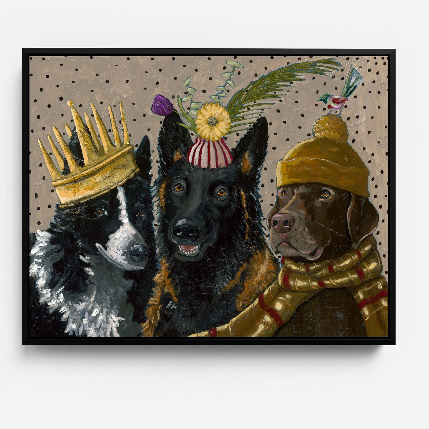 An unframed paper art print depicting three playful dogs wearing colorful crowns and party hats sitting side by side