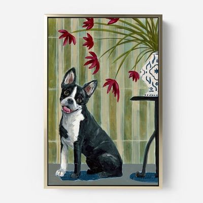: An art print featuring a black and white dog sitting on a patterned rug indoors,