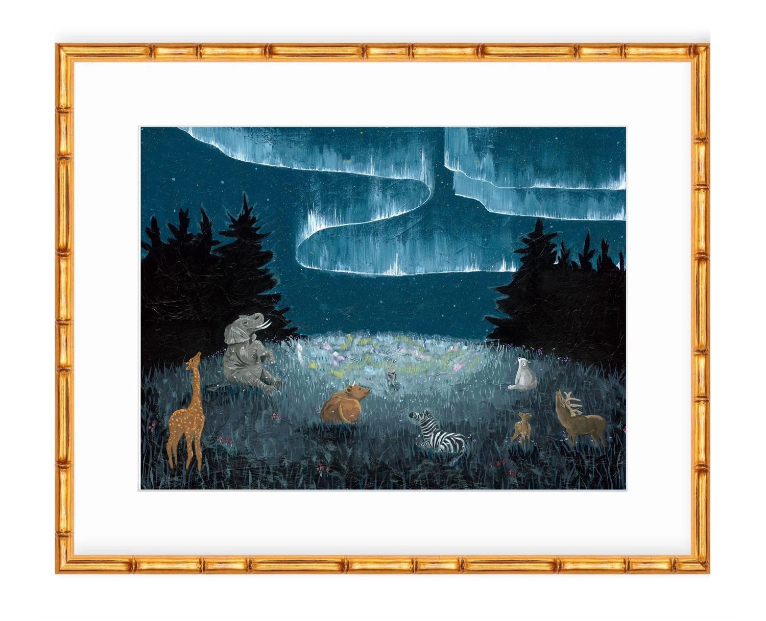 An art print depicting many animals standing in a field viewing the vibrant green northern lights
