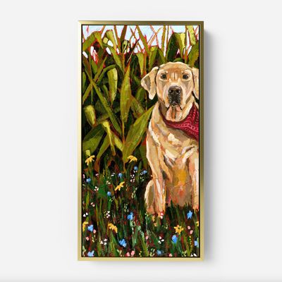 An unframed 5x10 paper art print featuring a whimsical illustration of a golden retriever in a corn field