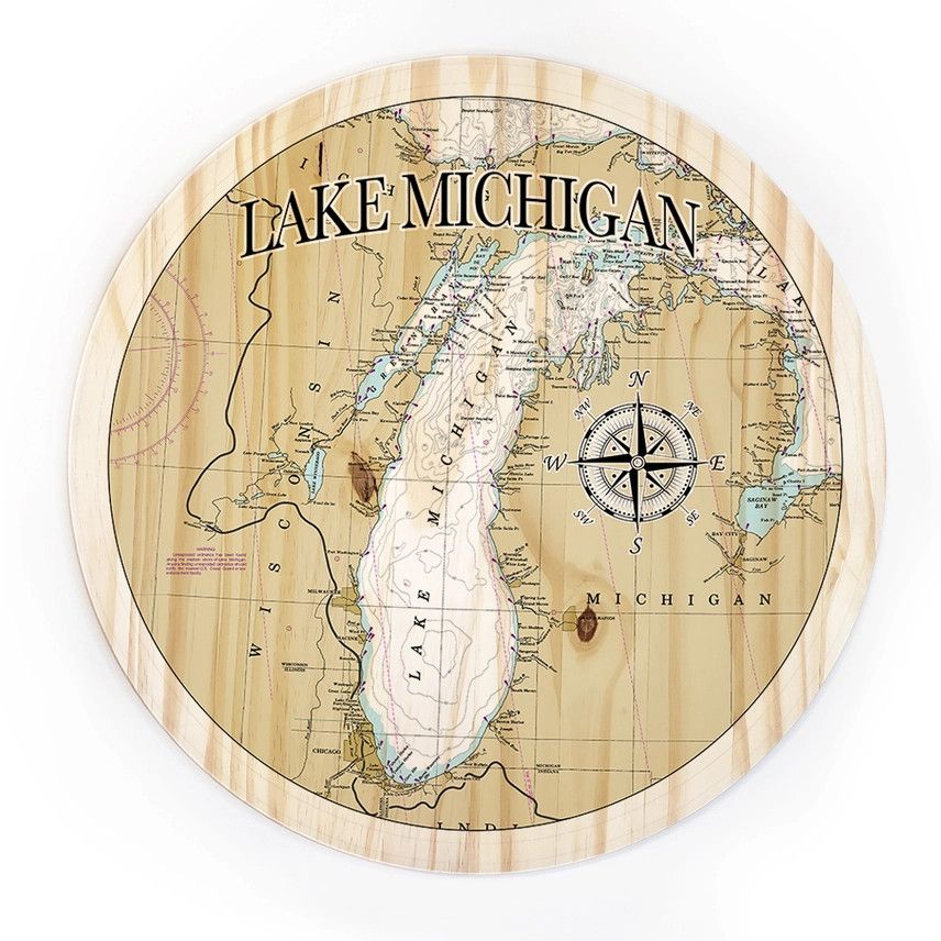 A circular wooden wall sign featuring a detailed vintage-style map of Lake Michigan with compass rose accents
