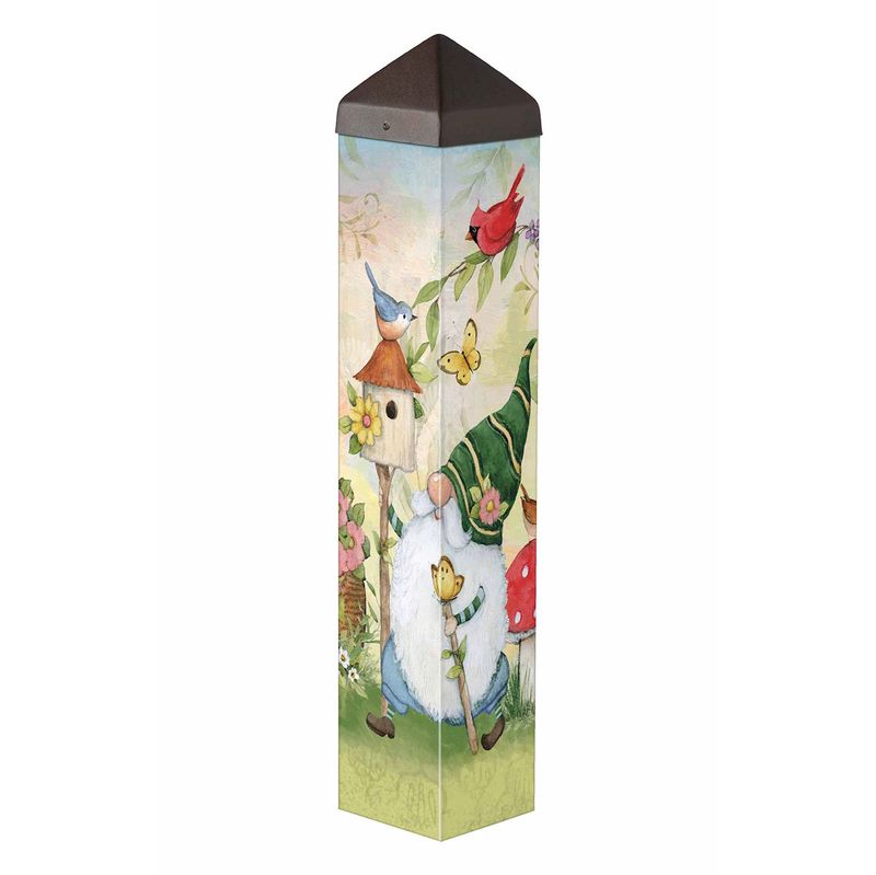 20-inch garden art pole featuring a whimsical gnome, birdhouse, and nature-inspired design.
