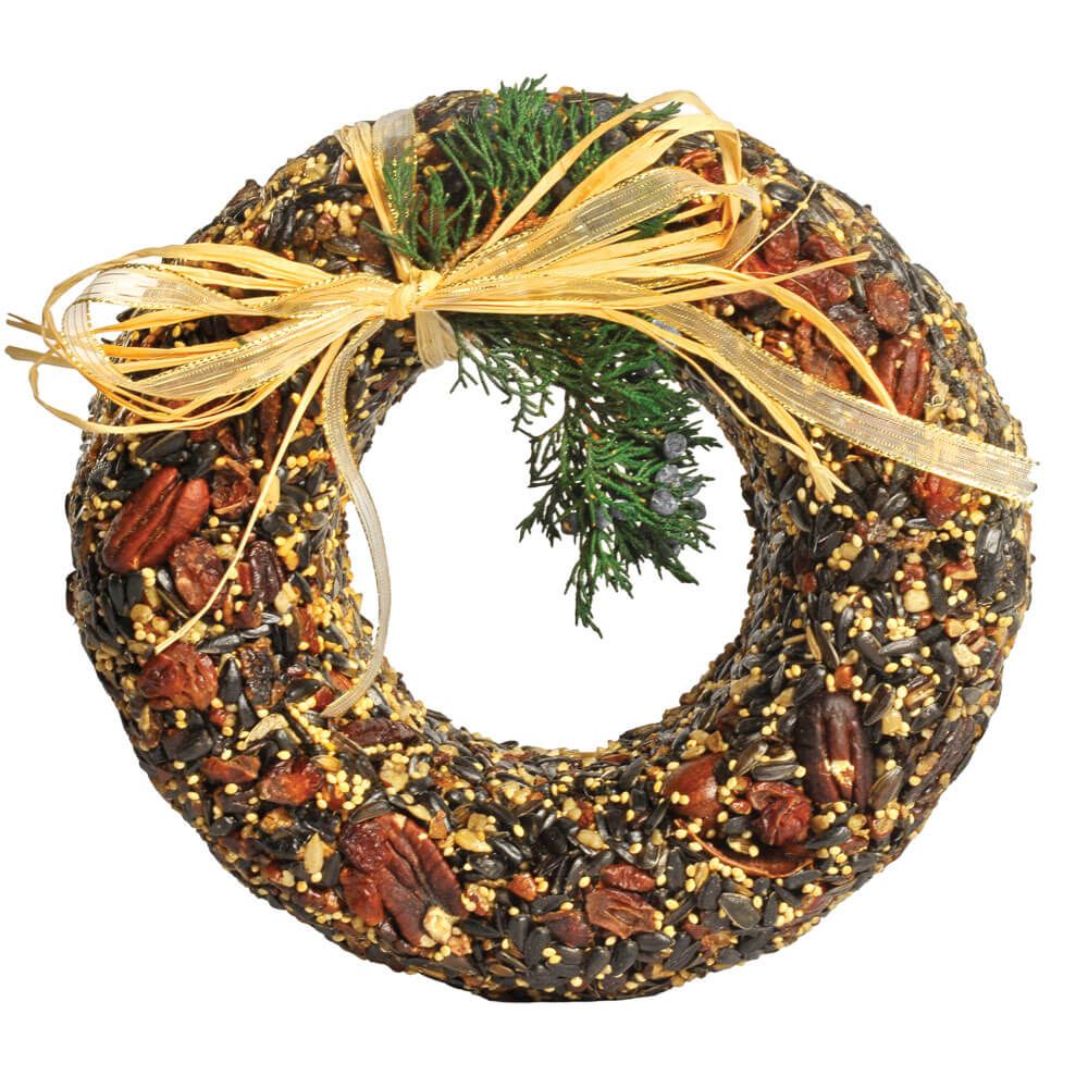 Round birdseed wreath made of pecans and raisins, shown in its green mesh hanging net with a decorative red bow.
