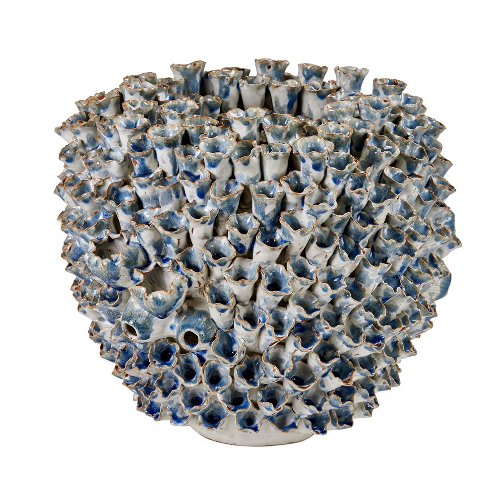 BLUE AND WHITE LARGE CERAMIC CORAL VASE