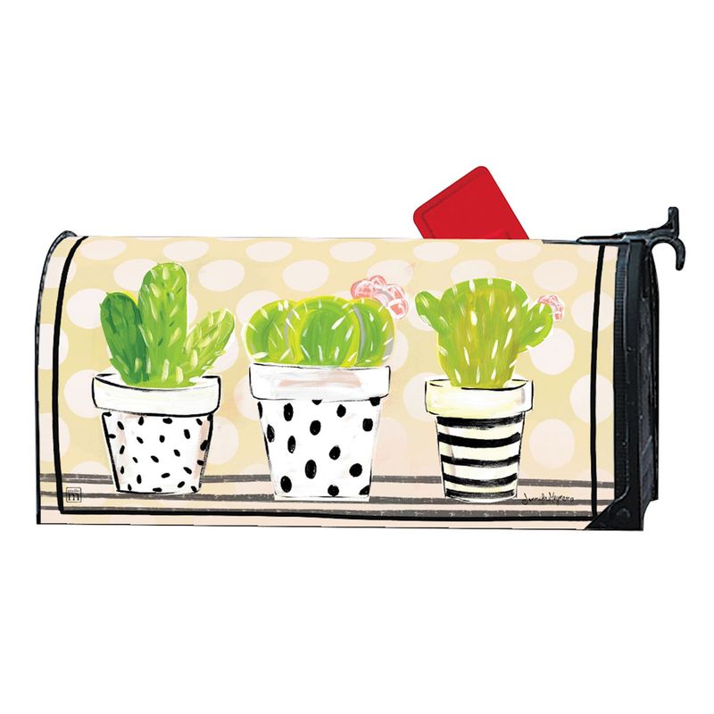 Mailbox cover featuring cacti in pots on a light background.