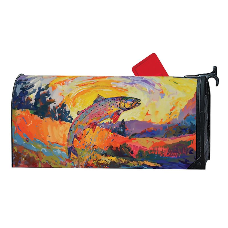 Mailbox cover featuring a colorful jumping trout over a scenic stream and landscape.