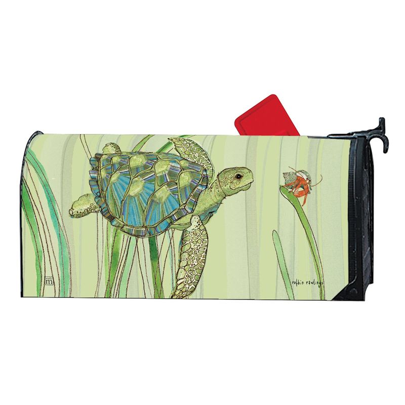 Mailbox cover featuring a sea turtle swimming gracefully among green aquatic plants.