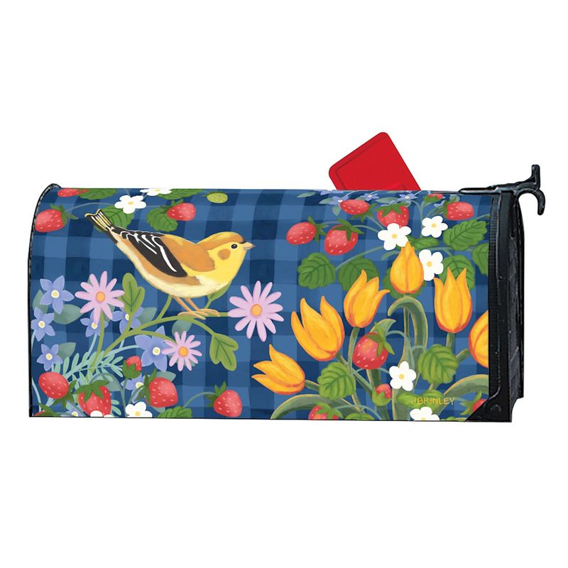 Mailbox cover featuring strawberries, daisies, and a songbird on a blue background.