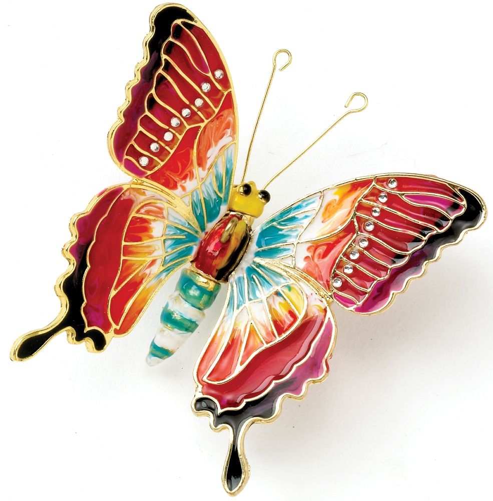 ENAMEL ARTICULATED BUTTERFLY ORNAMENT ORANGE/TURQ