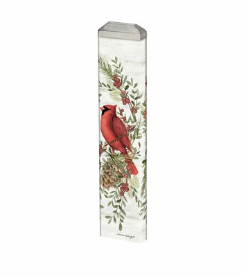 Close-up of the detailed cardinal, pinecones, and greenery illustration on a white background.