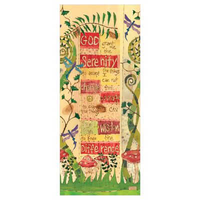 Close-up of the "Serenity Prayer" text on a vibrant, multi-colored vertical garden pole.