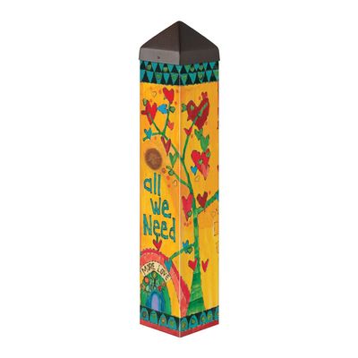 Angled view of the vibrant 20-inch All We Need garden art pole showing hand-painted flowers, hearts, and words.