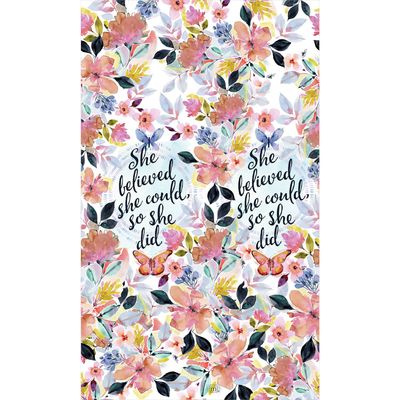 Close-up of the butterfly and floral illustrations on the "She Believed" inspirational art pole.