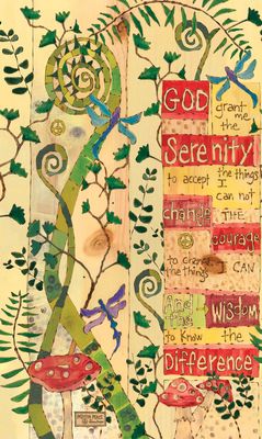 Close-up of the "God grant me the serenity" text and hand-lettered inspirational artwork.