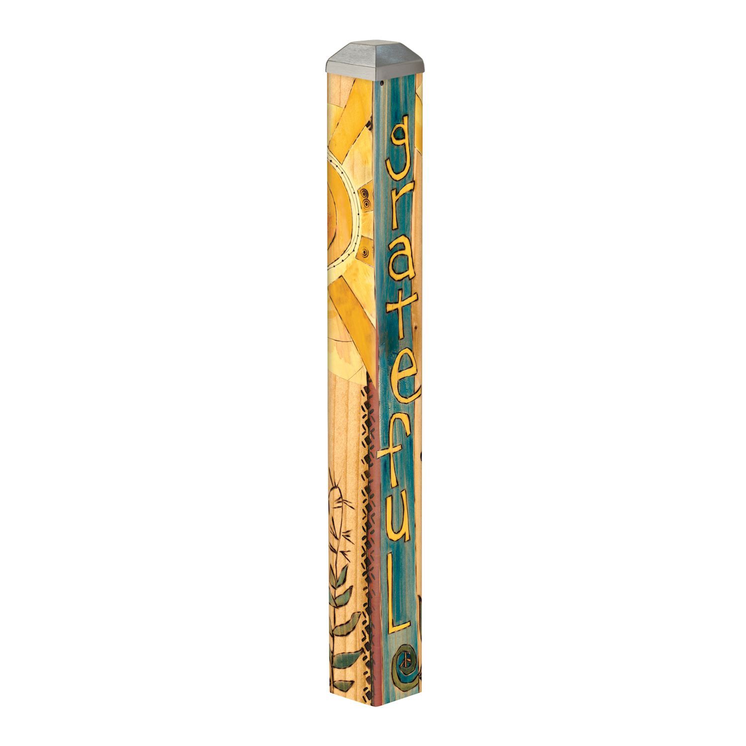 16-inch Harvest Sun Mini Art Pole with golden sun motif and "Grateful Love" text.