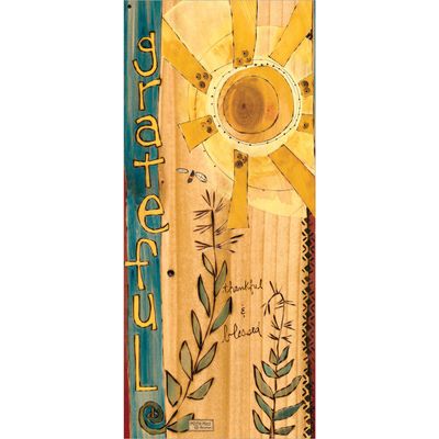 Close-up of the "Thankful &amp; Blessed" message and teal floral accents on the art pole.