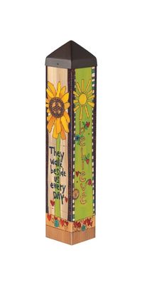 Flat design view of the With Us Everyday art pole showing vibrant sunflowers and red hearts.
