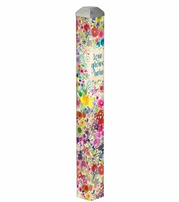 16-inch Full Bloom Mini Art Pole featuring a dense, colorful floral pattern and "Love Grows Here" text.