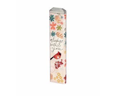 Close-up of the "Always with you" text and cardinal illustration on a soft cream background.
