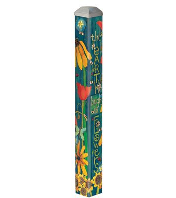16-inch Earth Laughs in Flowers Mini Art Pole with teal and golden yellow floral designs.