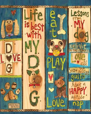 Flat view of the dog-themed art pole design featuring colorful words, hearts, and pet-inspired wisdom.