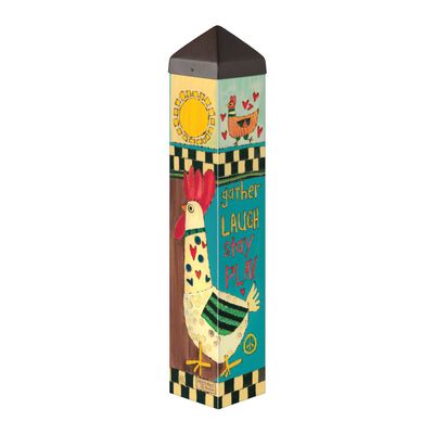 Close-up of the whimsical folk art chickens and "Gather, Laugh, Stay, Play" message on the art pole.
