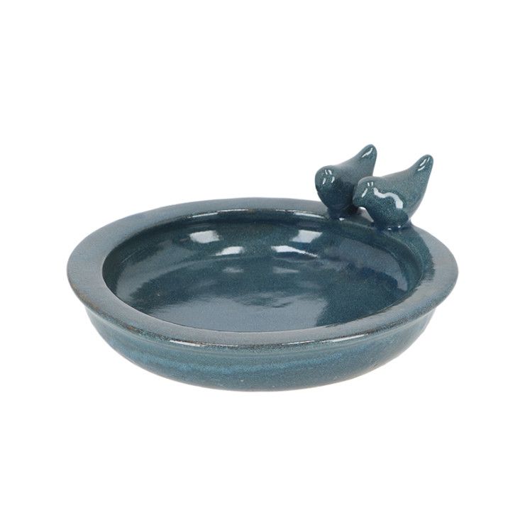 MEDIUM - ROUND BIRD BATH W/ BIRDS, CERAMIC, PETROL