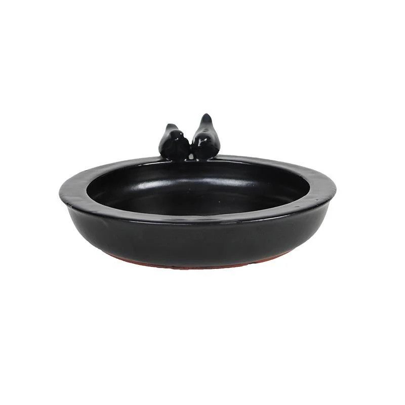 MEDIUM - ROUND BIRD BATH W/ BIRDS, CERAMIC, ANTRACITE