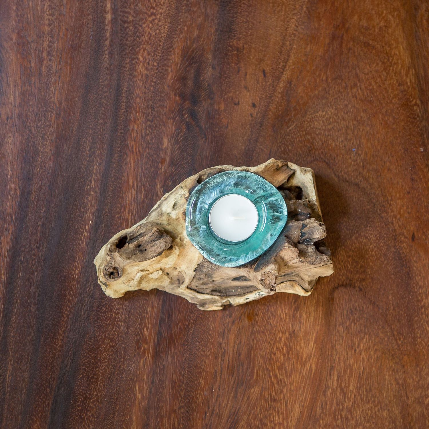 Recycled Glass Candle Holder with Coffee Tree Root - Single