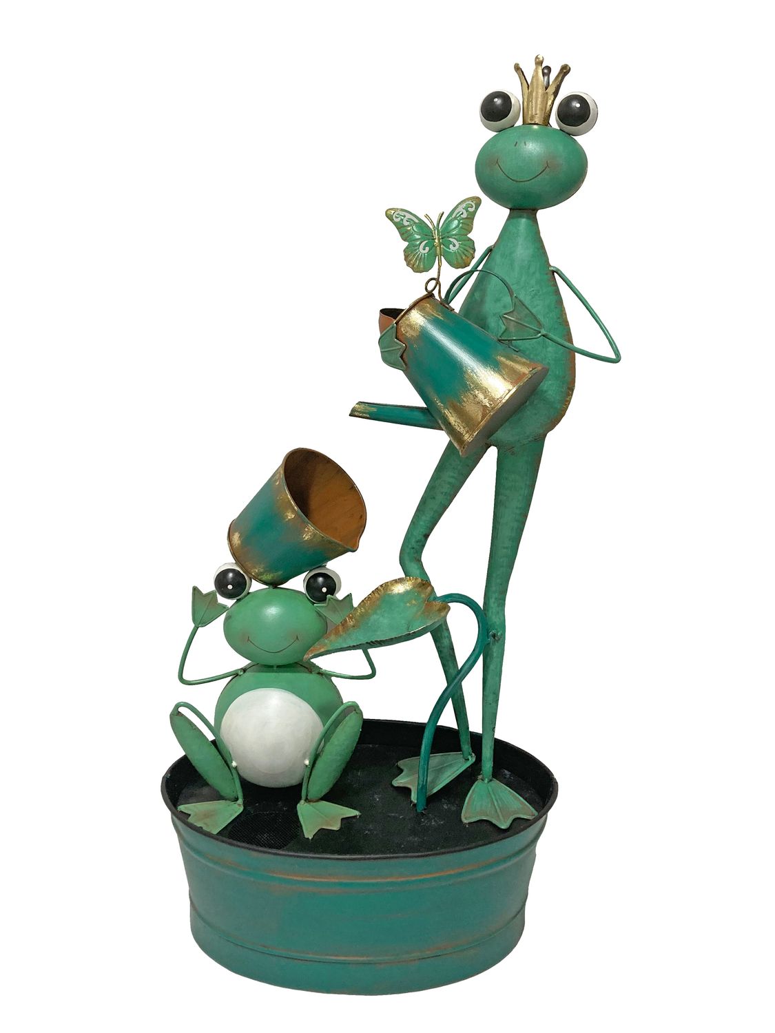 Metal Frog &amp; Froglet with Watering Cans Fountain