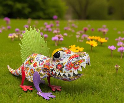 Colorful Enameled Metal Spinosaurus Dinosaur Statue - Green Spike