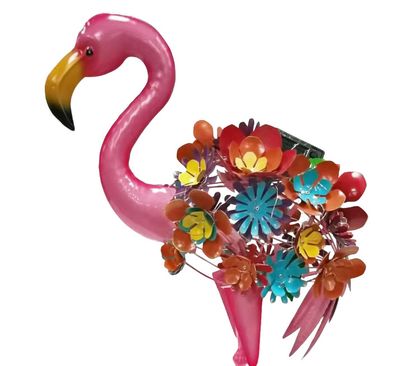Colorful Enameled Metal Statue- Flamingo with Floral Arrangements
