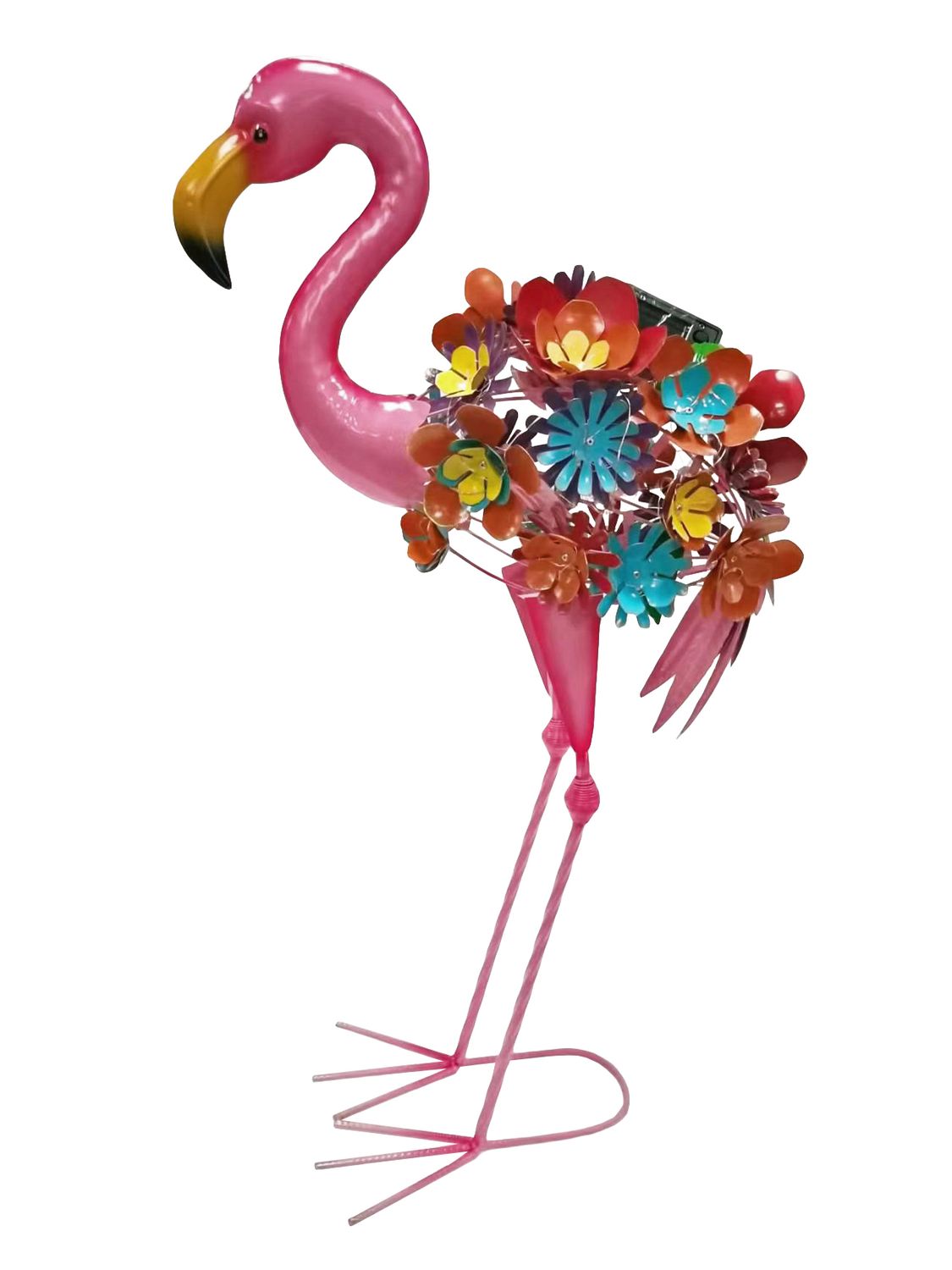Colorful Enameled Metal Solar Statue- Flamingo with Floral Arrangements