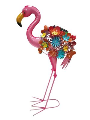 Colorful Enameled Metal Statue- Flamingo with Floral Arrangements
