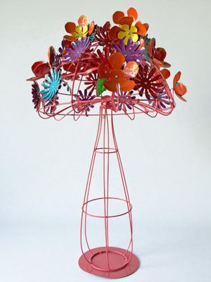 Colorful Enameled Metal Mushroom Statue-Flower Bouquet