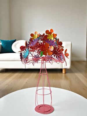 Colorful Enameled Metal Mushroom Statue-Flower Bouquet