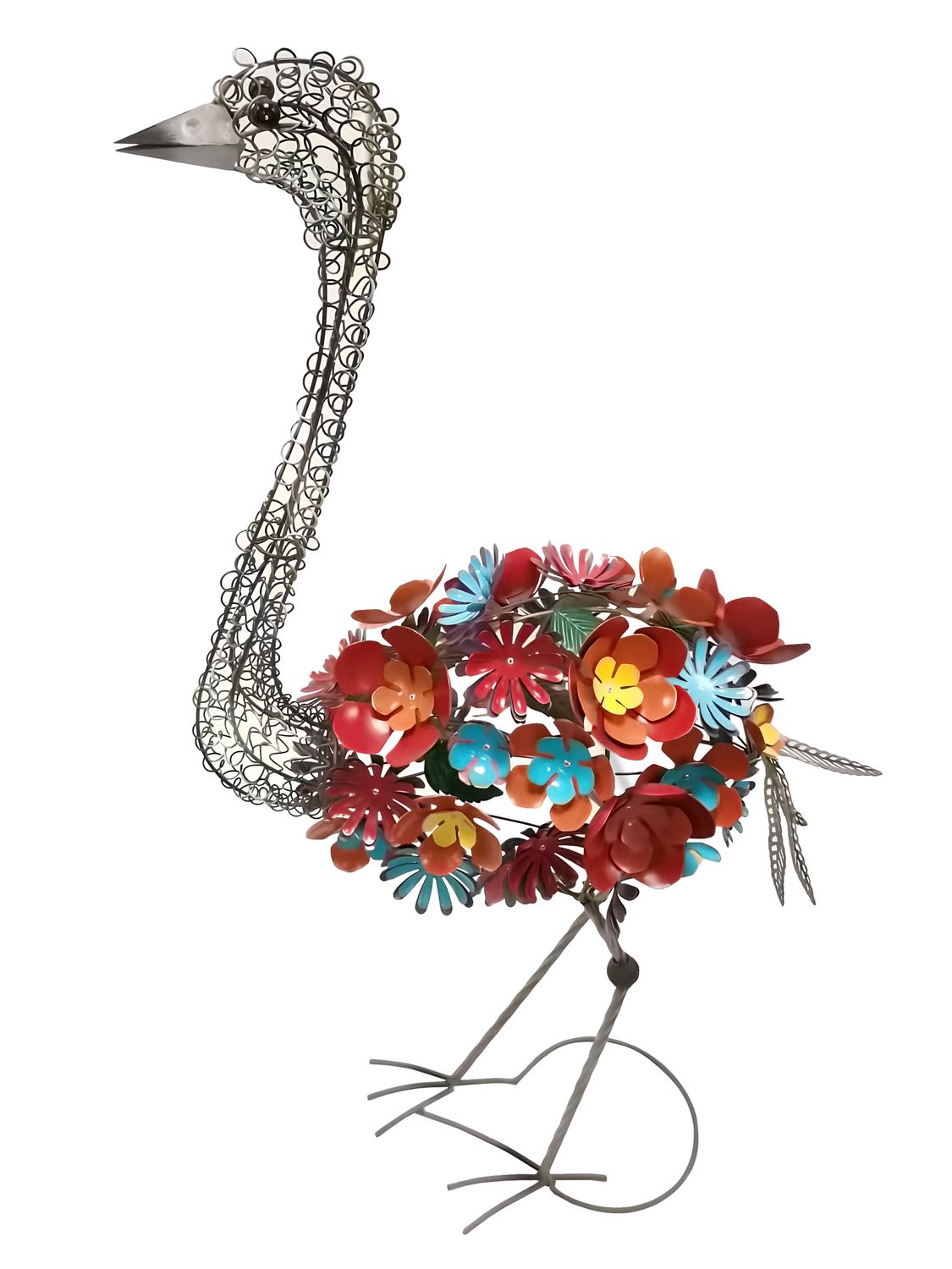 Colorful Enameled Metal Statue - Ostrich with Floral Body