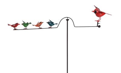 52-inch metal garden balancer stake featuring a vibrant red cardinal and chicks on a curved arm.